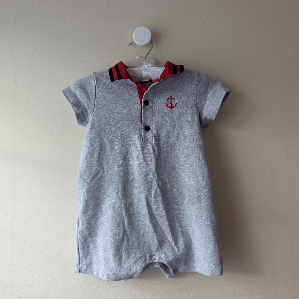 Petit Confection Gray Red Anchor Romper Polo 24M